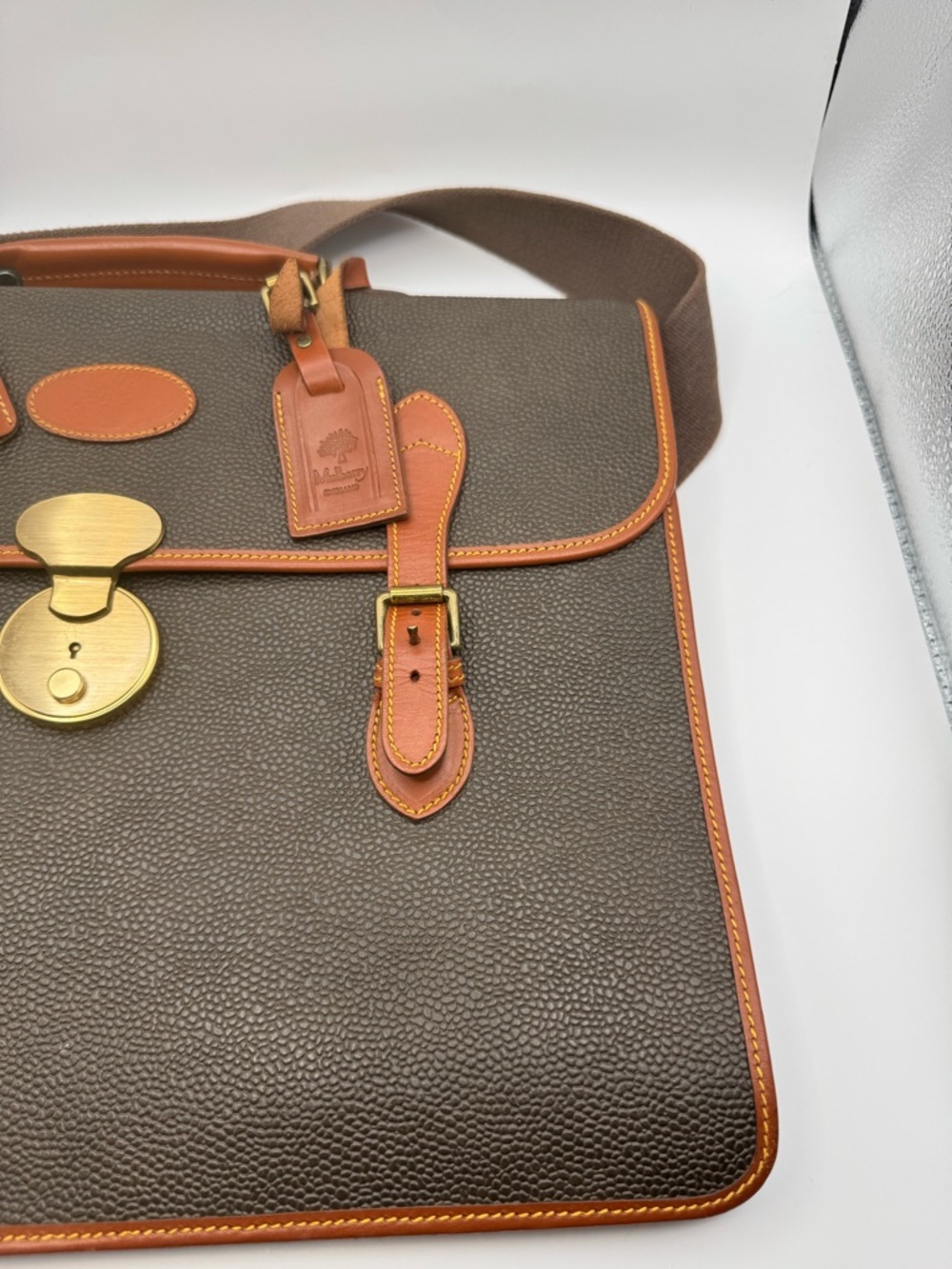 Mulberry England Vintage Scotchgrain Briefcase Satchel | Khaki Brass Lock + Key - Picture 3 of 16